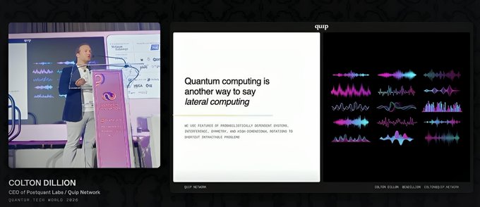 A presentation slide deck from Quip Network featuring Colton Dillion, CEO of Postquantum Labs, with a slide titled 'Quantum computing is another way to say lateral computing'.