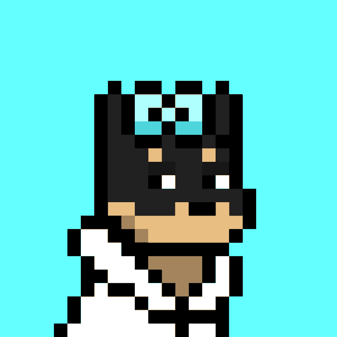 A pixel art illustration of a character wearing a black helmet with light blue goggles and a white robe, set against a solid cyan background.
