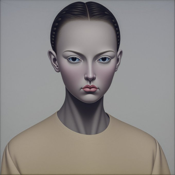 A 3D-rendered portrait of a stylized woman with slicked-back dark hair, blue eyes, and red lips, wearing a beige shirt against a plain gray background.