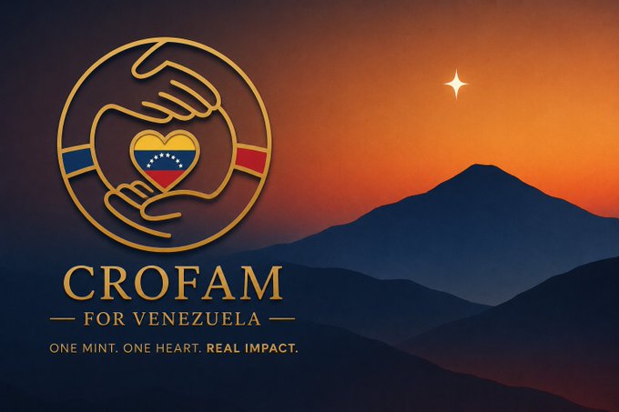 The image features a "CROFAM FOR VENEZUELA" logo with hands forming a heart containing the Venezuelan flag, set against a sunset mountain backdrop, promoting the cause with the tagline "ONE MINT. ONE HEART. REAL IMPACT." It visually reinforces the post's call to action, encouraging viewers to donate $CRO by emphasizing solidarity and humanitarian impact for Venezuela.