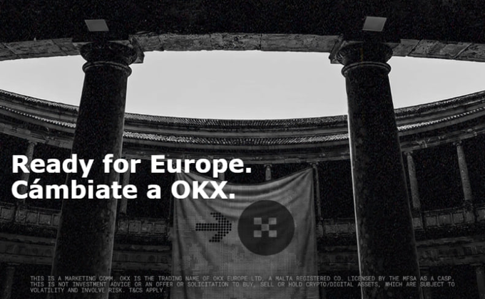 A black-and-white image of a classical European architectural interior with columns and a banner displaying the OKX logo, overlaid with bold text reading "Ready for Europe. Cámbiate a OKX." The image aligns with the post's announcement about OKX's readiness for European regulatory compliance under MiCA legislation effective July 1st.
