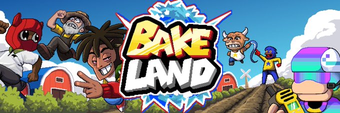 The image shows colorful cartoon-style artwork for a project called "BAKELAND," featuring various quirky characters including a figure in a red wrestling mask, a farmer, and others in a rural farm setting with barns and windmills. The post's reference to "good craft" aligns with the hand-drawn, illustrated style of the Bakeland artwork, emphasizing artistic quality beyond just chart performance.