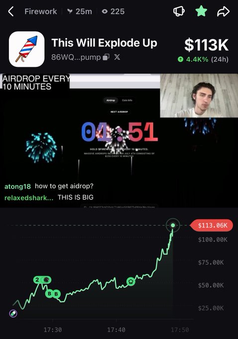 A Firework app live stream screenshot titled 'This Will Explode Up' with ticker 86WQ showing $113K (up 4.4% in 24h), featuring a streamer, an 'AIRDROP EVERY 10 MINUTES' graphic with countdown timer, and a price chart climbing to $113.06K.