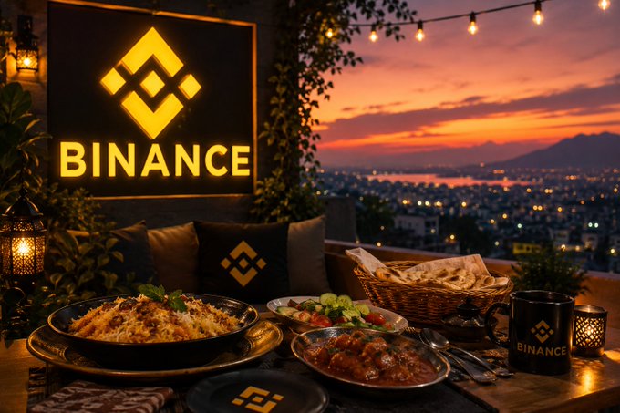 An AI-generated promotional image featuring the Binance logo on a sign, with a dinner table set with food overlooking a sunset cityscape.