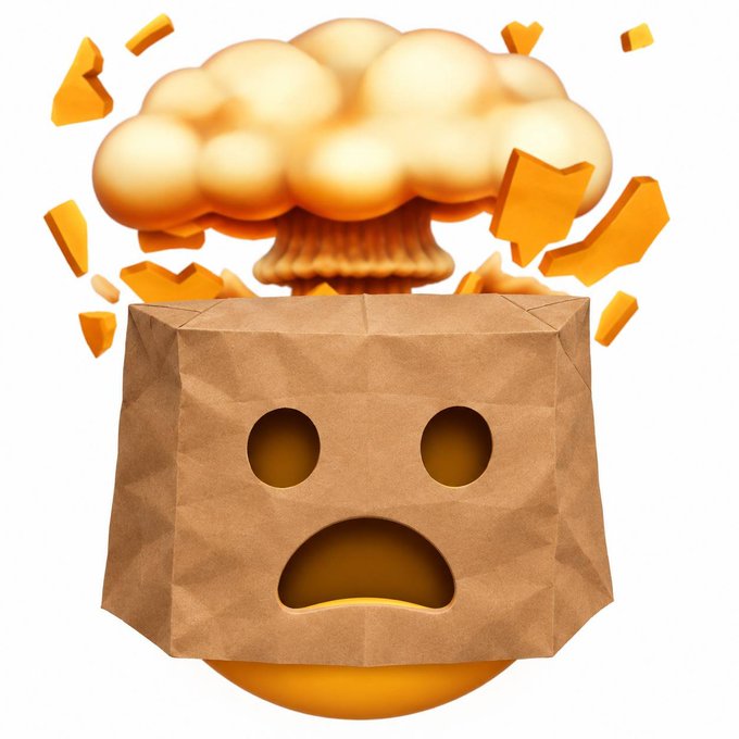 A yellow emoji with a worried face is covered by a brown paper bag with cutout holes for the eyes and mouth, while a large mushroom cloud explosion rises from behind it and orange fragments scatter outward, humorously illustrating the idea that private matters remain safely concealed under the bag despite the explosive revelations happening behind it.