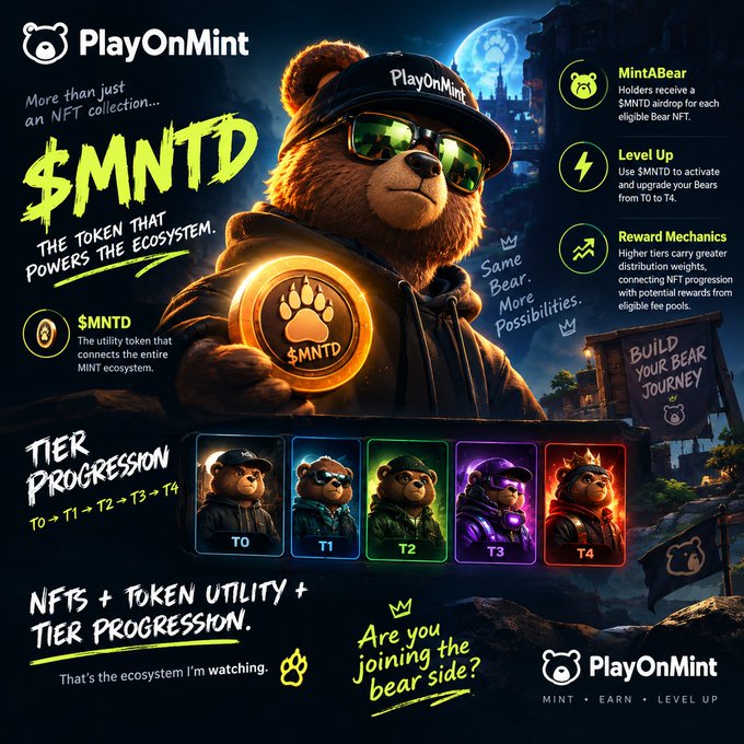 A promotional graphic for 'PlayOnMint' cryptocurrency and NFT ecosystem featuring a bear character in sunglasses and a cap, detailing token utility, tier progression from T0 to T4, and reward mechanics.