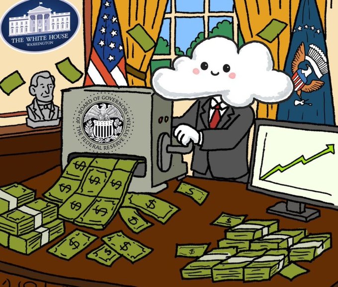 The image depicts a cartoon representation of a cloud character standing behind a table, surrounded by stacks of green money or dollar bills. The sky above him has a gradient effect that transitions from blue at the top to gray as he moves down towards the ground below. There is also an American flag in the background and a small figure of Abraham Lincoln sitting next to a computer monitor. 

The main focus of the image, however, is the cloud character holding up one dollar bill above him with both hands. This suggests that the character is possibly engaged in some sort of financial transaction or game involving money, given that he's "fading" a coin into the air like it's real currency.