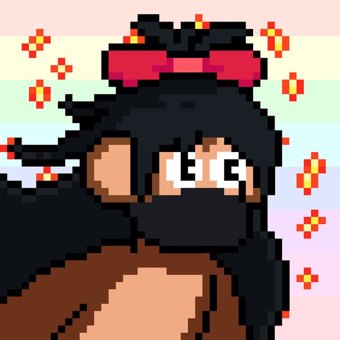 A pixel art illustration depicts a ninja character in black with a red headband against a pastel rainbow-striped background scattered with pixelated flowers.