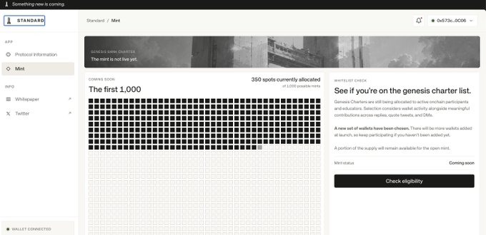 A screenshot of a 'Genesis Koin Chapter Standard' mint page showing 'The first 1,000' with 350 spots currently allocated and a 'Coming soon' mint status.