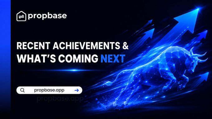 A promotional banner for 'propbase' with the text 'RECENT ACHIEVEMENTS & WHAT'S COMING NEXT' and 'propbase.app,' featuring a glowing blue bull with arrows pointing upward against a dark background.