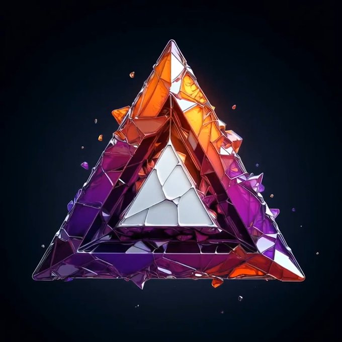 A 3D abstract triangular crystal structure featuring a vibrant gradient of orange and purple hues with a white center against a black background.