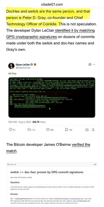 A citadel21.com article claiming that DocHex and switcht are the same person (Peter D. Gray), supported by Dylan LeClair's tweet matching GPG cryptographic signatures on commits under both names, with a StackExchange Q&A confirming the match.