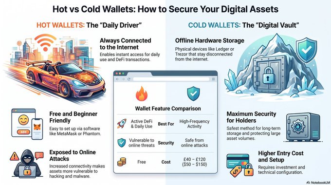 An infographic comparing 'Hot Wallets: The Daily Driver' versus 'Cold Wallets: The Digital Vault' for securing digital assets, featuring a Wallet Feature Comparison table with metrics on activity, security, and cost.