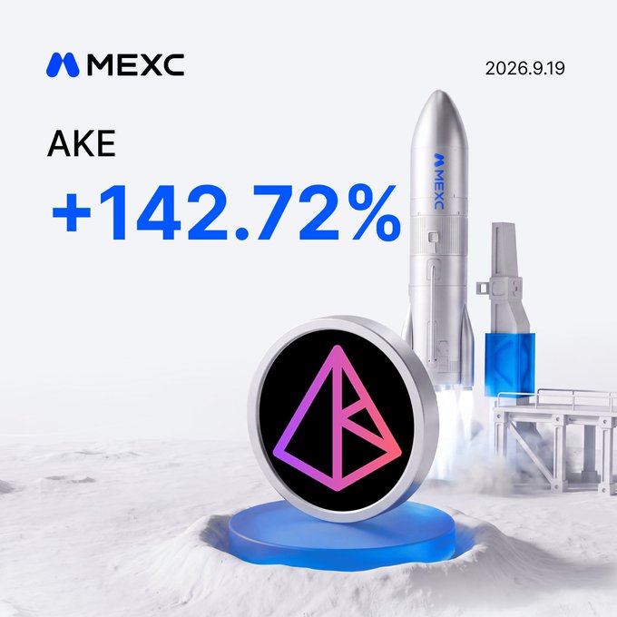 A promotional MEXC graphic celebrates the AKE token's surge of +142.72% as of 2026.9.19, featuring a 3D-rendered rocket and coin with the token's logo, visually reinforcing the post's message of AKE's strong upward momentum on MEXC Futures.
