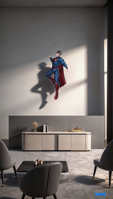 Interior design rendering showing a Superman figure appearing to fly through a minimalist living room wall, casting a shadow, with the 'VEWE' logo in the corner.