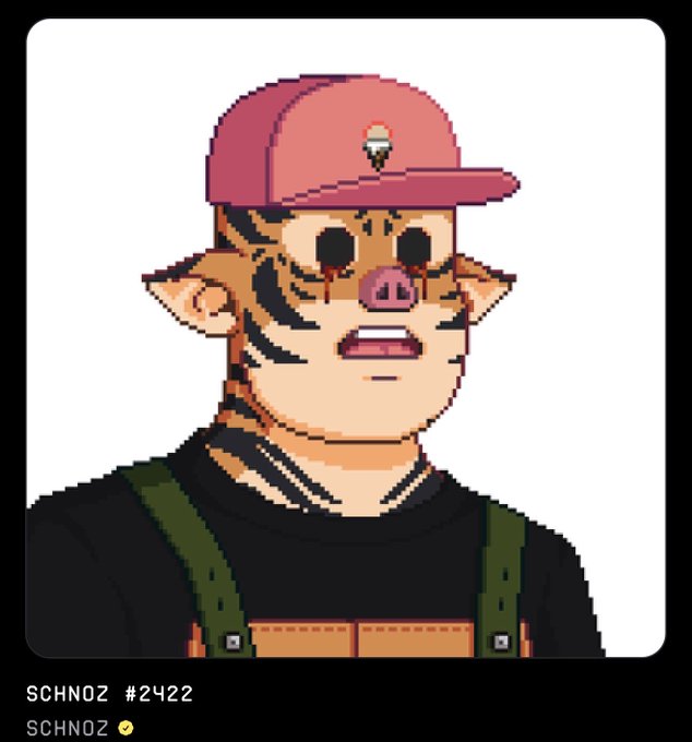 Pixel art NFT portrait of a pig-faced character wearing a red cap and overalls, labeled 'SCHNOZ #2422' with a verification checkmark.