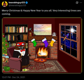 A Pepe the Frog character dressed in a tuxedo sits by a fireplace with Christmas stockings and a tree in a festive pixel-art room, posted by @bearableguy123 on December 24, 2021, wishing followers a Merry Christmas and Happy New Year while hinting at "interesting times" to come.