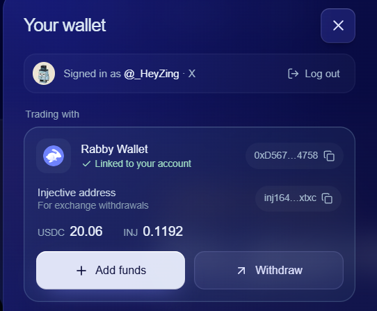A digital wallet interface displays 'Your wallet', signed in as '@_HeyZing', with a linked Rabby Wallet showing balances of USDC 20.06 and INJ 0.1192.