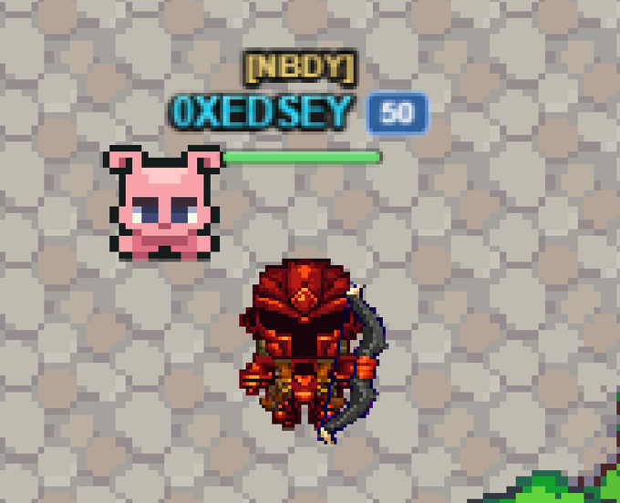 A pixel art game screenshot shows a pink cat-like character labeled "[NBDY] OXEDSEY 50" with a green health bar, facing a red armored enemy wielding a scythe.