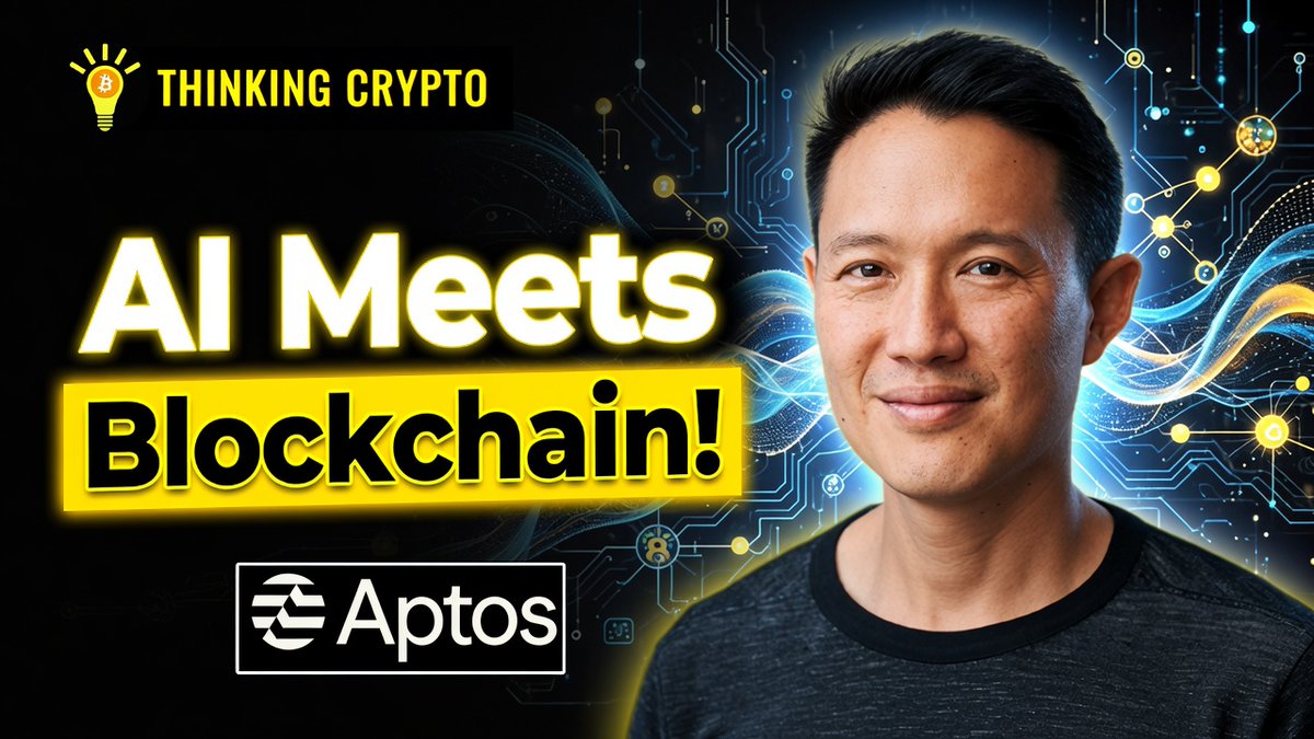 A YouTube thumbnail from "Thinking Crypto" featuring Aptos CEO Avery Ching, with bold text reading "AI Meets Blockchain!" against a backdrop of glowing circuit-like digital graphics. The image visually promotes the interview about Aptos's full-stack vision for combining AI and blockchain technology, including their $50M+ initiative for onchain trading, MEV protection, and quantum resistance.