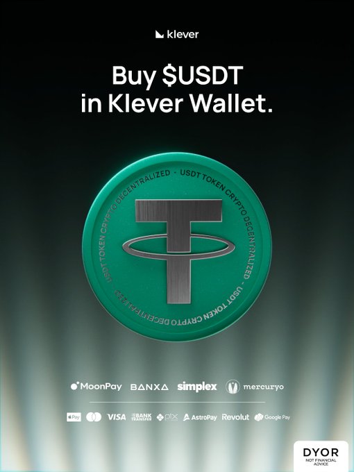 An advertisement for Klever Wallet promoting the purchase of $USDT, featuring a large green USDT token and payment partner logos including MoonPay, Visa, Mastercard, and Apple Pay.