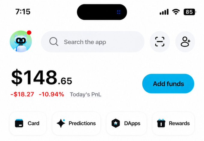 A crypto wallet app screenshot showing a balance of $148.65 and a daily loss of -$18.27 (-10.94%), with navigation options for Card, Predictions, DApps, and Rewards. The image appears to support a post announcing giveaway winners and requesting USDC (Base) addresses for prize distribution.