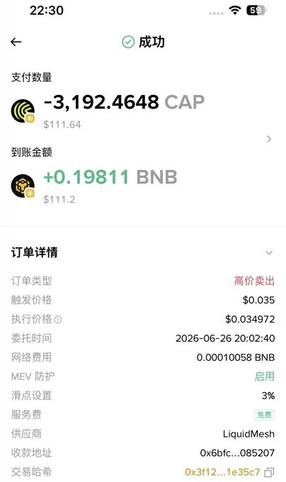 A successful crypto transaction receipt showing a sell order of 3,192.4648 CAP at $0.034972 ($111.64 received) credited to a wallet as 0.19811 BNB ($111.2), executed via LiquidMesh on 2026-06-26. The order details confirm the post's account of the CAP new listing sell being filled for approximately $111, with a transaction cost of 0.02 BNB (~$11), yielding the claimed ~$100 profit.