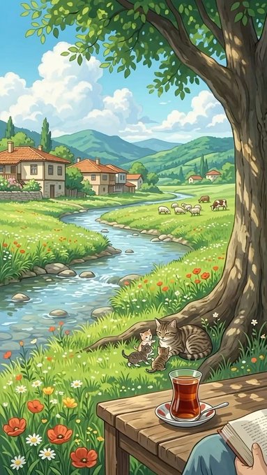 A colorful illustrated pastoral scene featuring a cat and kitten under a tree, with sheep, a stream, houses, mountains, and a glass of tea on a wooden table in the foreground.