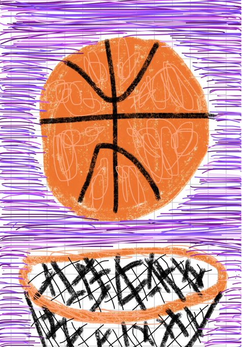 A child's drawing on graph paper depicting a basketball and a basketball hoop in orange and black, surrounded by purple scribbles in the background.