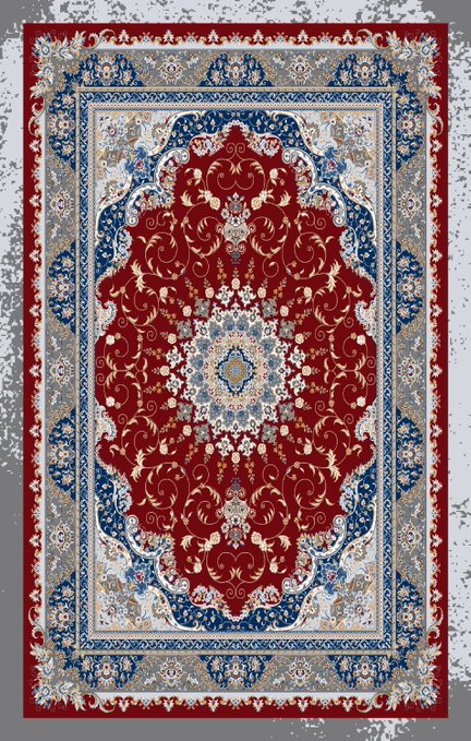An ornate Persian-style carpet features intricate symmetrical floral patterns in rich red, blue, and gold colors.