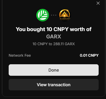 A confirmation screen showing a purchase of 10 CNPY worth of GARX, with a network fee of 0.01 CNPY, featuring Done and View transaction buttons.