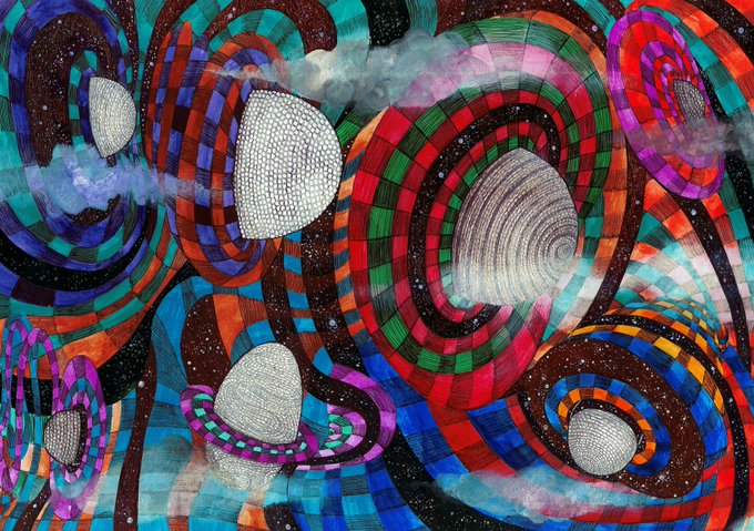 A vibrant, abstract digital artwork featuring swirling, multicolored patterns of red, blue, green, and purple interspersed with white textured, shell-like shapes.