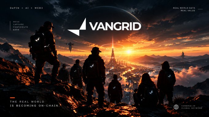A promotional banner for 'VANGRID' (DePIN x AI x WEB3) showing a sci-fi landscape with people looking out over a futuristic city at sunset, with text 'REAL WORLD DATA REAL VALUE' and 'THE REAL WORLD IS BECOMING ON-CHAIN'.