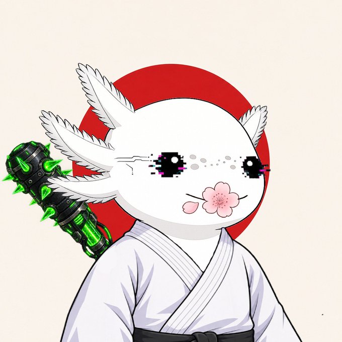An illustration of a white axolotl-like character in a white martial arts robe with pixel-art glasses and a cherry blossom in its mouth, holding a green spiked weapon, set against a red circle on a beige background.