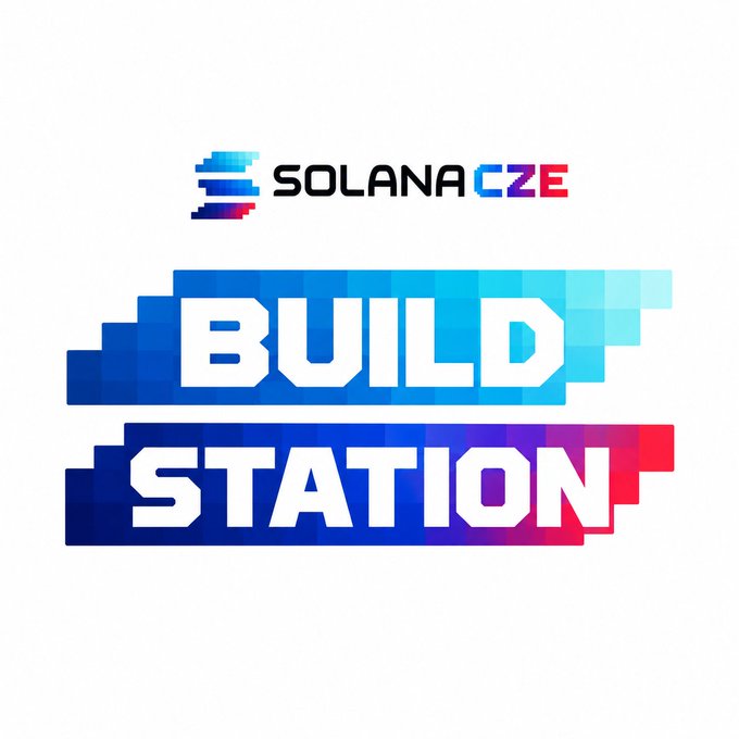 The image displays a logo for "Solana CZE Build Station" featuring bold white text against a pixelated, gradient blue-to-red background, with the Solana symbol next to "SOLANA CZE" at the top. This branding visually represents the launch of the Build Station event mentioned in the post, serving as the official graphic to announce the kickoff of the Zero to Hero hackathon series for the Czech Solana community.