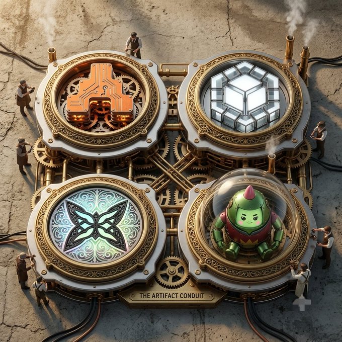 A steampunk-style mechanical device labeled 'THE ARTIFACT CONDUIT' featuring four circular chambers with various designs including a circuit board pattern, a glowing cube, an ornate butterfly symbol, and a small green robot figure, surrounded by tiny human figures.