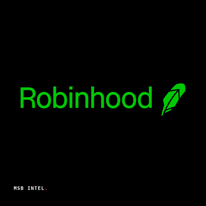 The image displays the green Robinhood logo on a black background, with "MSB INTEL" text in the bottom corner. The logo visually reinforces the article's headline about Robinhood's equity stake in Crypto.com and its partnership with OG.com for its prediction markets platform.