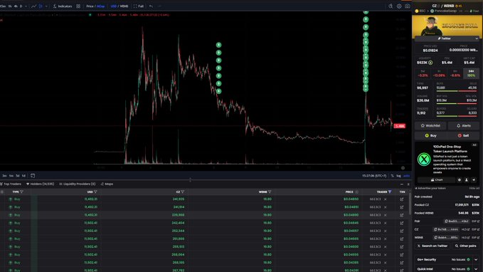 A cryptocurrency trading interface displays the BNB/USDT chart on Binance, showing a sharp price spike and subsequent decline, with an active buy order of approximately 245,000 BNB at $0.046 visible on the right panel, likely representing the large 200k position mentioned in the post. The order book and recent trade history at the bottom confirm the substantial buy activity without corresponding sell orders.