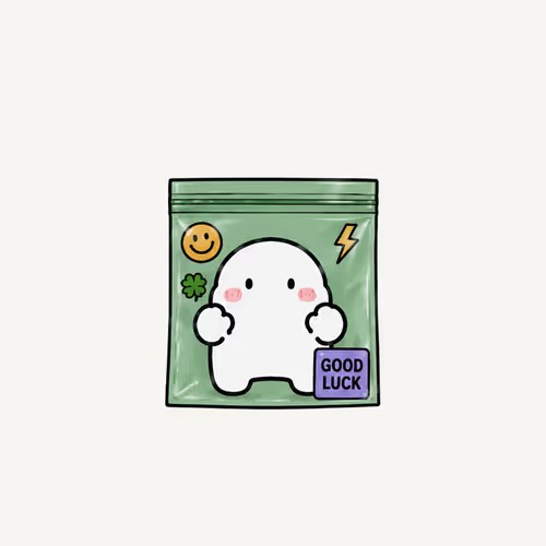 A cute illustration of a small white ghost-like character in a green packet with a smiley face, lightning bolt, clover, and a "GOOD LUCK" label.