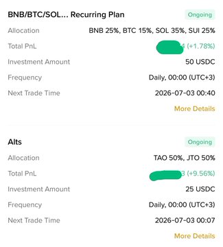 A mobile app screen showing two recurring crypto investment plans, one for BNB/BTC/SOL/SUI and another for Alts (TAO, JTO), both marked as Ongoing.