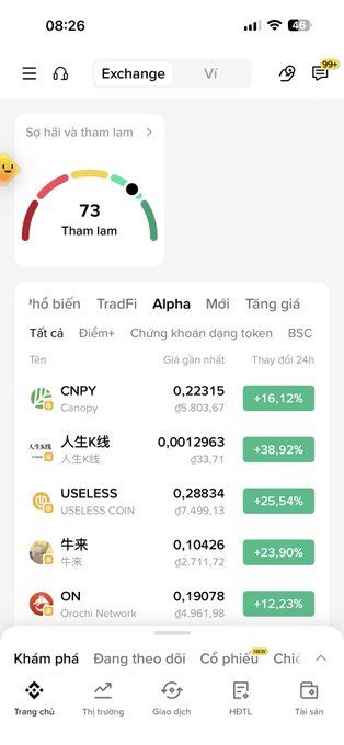 A Vietnamese crypto trading app screen titled “Exchange” shows an Alpha market list with assets including CNPY, 人生K线, USELESS, 牛来, and ON, all posting 24-hour gains.