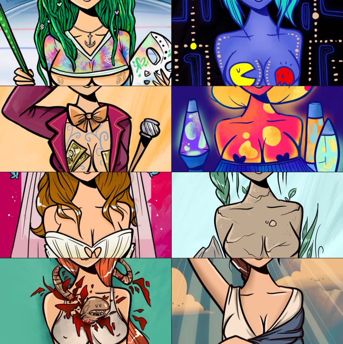 A grid of eight illustrated panels depicting various stylized female characters in different artistic scenarios, some featuring suggestive or fantasy themes.