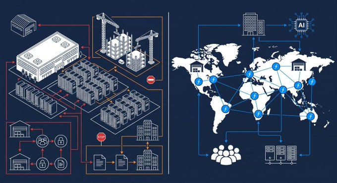 A split-screen infographic contrasting traditional centralized infrastructure (left) with a decentralized global network of servers, AI, and users (right).