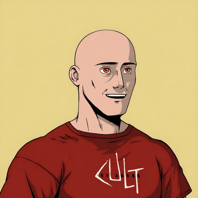 An illustrated bald man with striking orange eyes smiles while wearing a red shirt displaying "CULT" graphic text, representing the poster's "Anon" character. The image ties into the post about remaining bald until the $INJ token reaches 7 USD, suggesting the avatar's hairless look reflects a personal commitment tied to the cryptocurrency's price level.