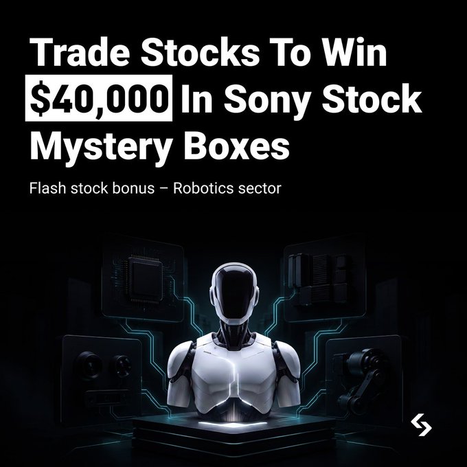 Promotional banner for a Bitget trading competition offering up to $40,000 in Sony Stock Mystery Boxes (rSONY) as a flash stock bonus in the robotics sector, featuring a sleek humanoid robot image on a dark background, with the promotion running until 18:00 on 3/8/2026.