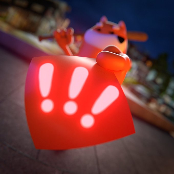A cartoon fox holds up a glowing red sign displaying three exclamation marks ("!!!"), emphasizing urgency. The flashing alert graphic reinforces the post's warning message of a "final notice."