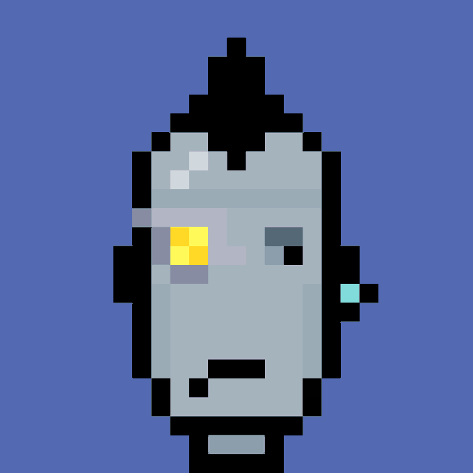 A pixel art illustration of a light blue character with a yellow detail and dark outline, resembling a stylized figurine or robot head, set against a solid blue background.
