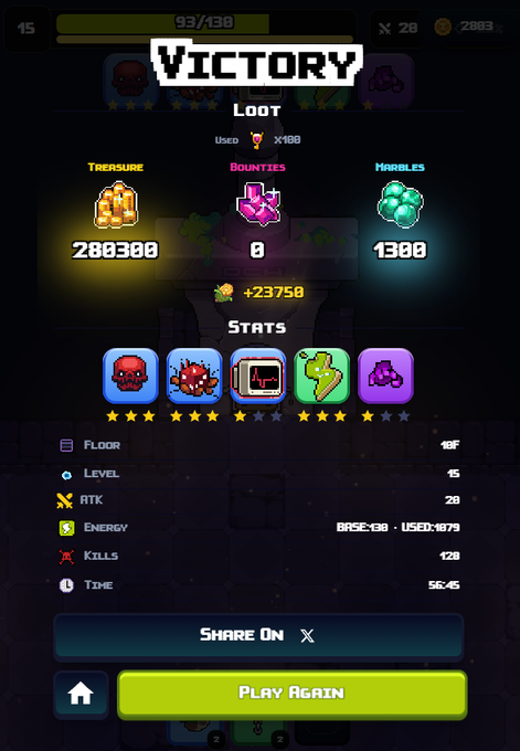 A 'VICTORY' screen from a mobile game displays loot statistics including 288388 Treasure, 0 Bounties, 1300 Marbles, and stats like Floor 18F and 128 Kills, with a green 'PLAY AGAIN' button.