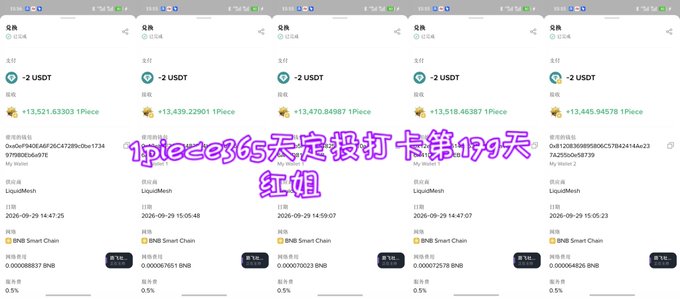 A screenshot showing multiple QR code payment receipts for 2 USDT transactions, with purple Chinese text overlaid reading 'iple3965天定投打卡第199天' and '红姐'.