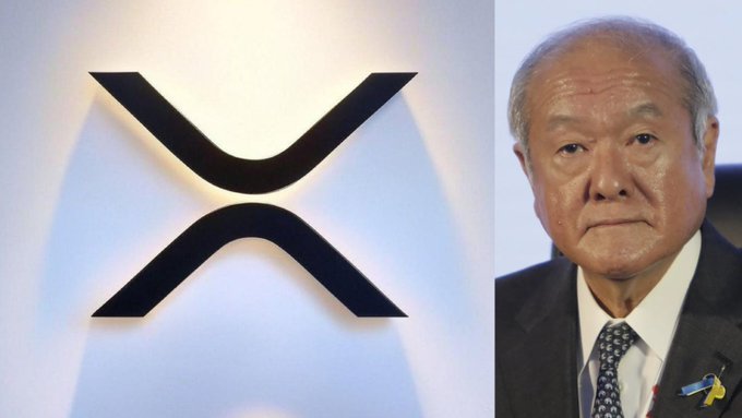 The image shows the XRP logo alongside a photo of an older man in a suit with a patterned tie, likely a Japanese official, illustrating the report that Japan's Finance Minister is considering legalizing XRP and crypto ETFs, potentially opening the country's multi-trillion dollar economy to cryptocurrency.